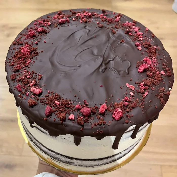 Chocolate ganache cake with freeze-dried raspberry