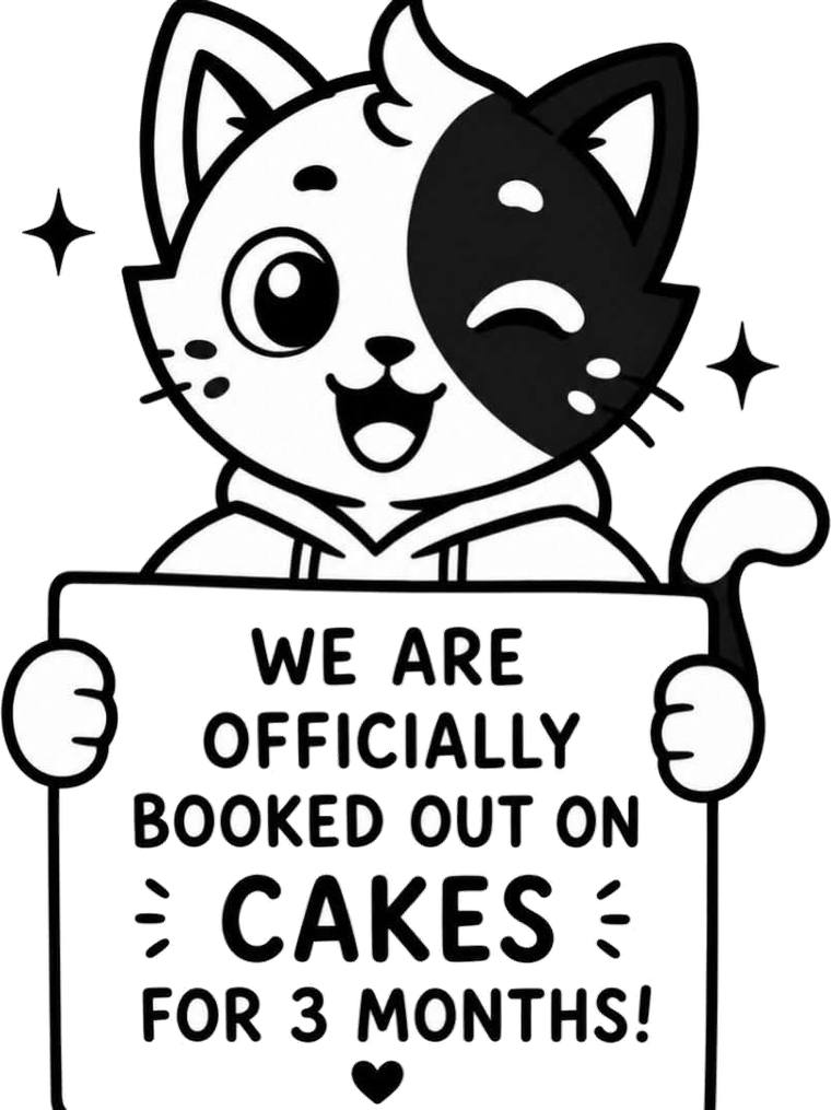Mini Misfits cat holding a sign: we are officially booked out on cakes for 3 months