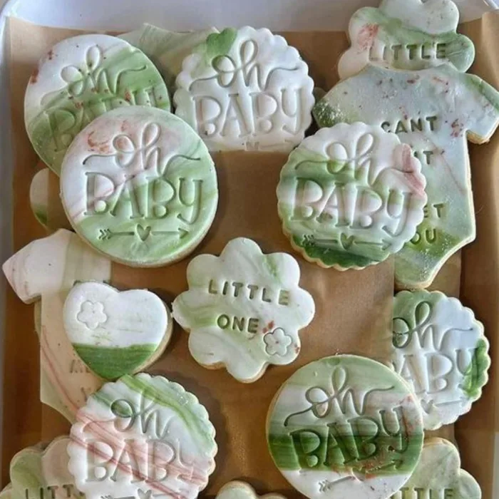 Green Oh Baby baby shower sugar cookies