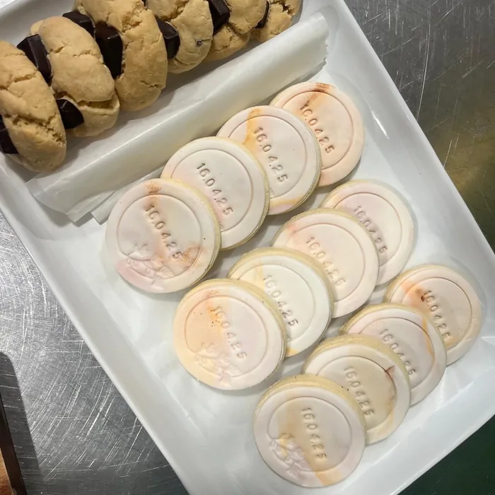 Peanut butter cookies stamped and stacked