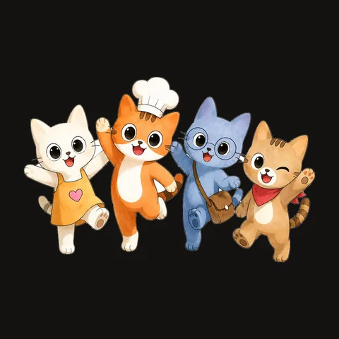 The four Mini Misfits cat characters from Damion's children's book