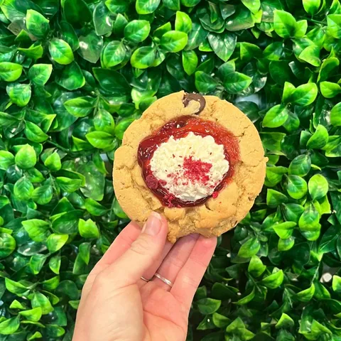 Strawberry and cream cookie with a jam and cream centre